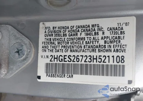 2003 Honda Civic Ex z USA, uszkodzony, nr VIN 2HGES26723H521108